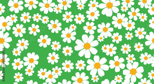 Delightful daisy pattern on vibrant green background creates a cheerful, summery mood perfect for spring designs and joyful projects