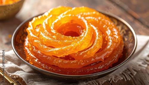 Fototapeta Naklejka Na Ścianę i Meble -  Golden swirls of Jalebi, a popular Indian sweet treat, inviting you to indulge in its deliciousness