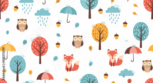 Adorable woodland pattern with cute foxes, owls, trees, and umbrellas brings a touch of cozy autumn charm to your designs and children's projects