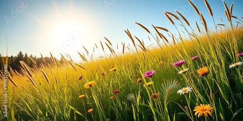 Fototapeta Naklejka Na Ścianę i Meble -  Summer sun, golden rays warming a lush meadow filled with wildflowers and tall grass,  grass,  growth