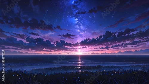 sunset over the lake cartoon anime
