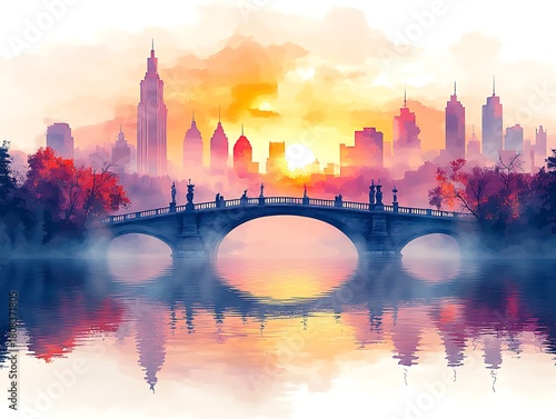 Stone bridge over water with city skyline and sunset colors arch bridge lake