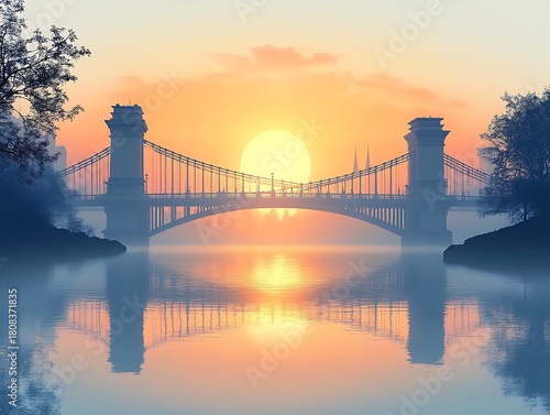 Suspension bridge over calm water at sunrise with city skyline sunset