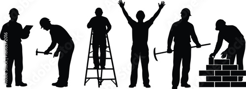 Construction worker silhouette, black and white, building teamwork, labor roles, hammering, bricklaying, ladder pose, pickaxe action, site inspection, masonry work, construction vector, worker