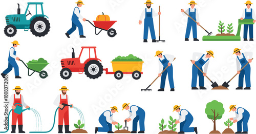Farming illustration, gardening workers, agricultural tools, tractor scene, plant cultivation, rural labor, colorful vector, fieldwork activity, harvest preparation