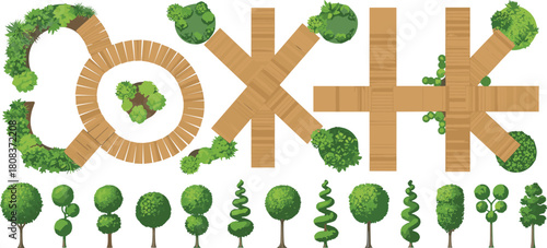 Garden path design, tree illustration, landscape layout, top view, wooden walkway, greenery plan, architectural visualization, outdoor planning, foliage sketch, garden blueprint, landscaping