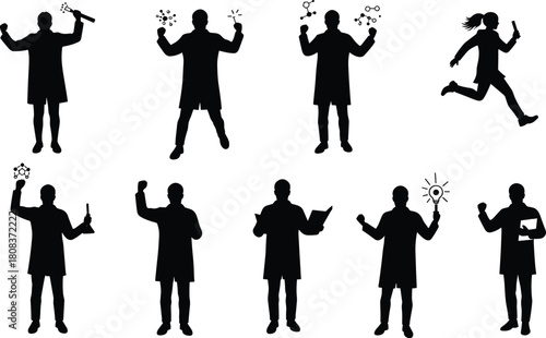Scientist silhouette, lab coat figure, research activity, test tube, molecular structure, scientific discovery, running pose, innovation, experiment, science icon
