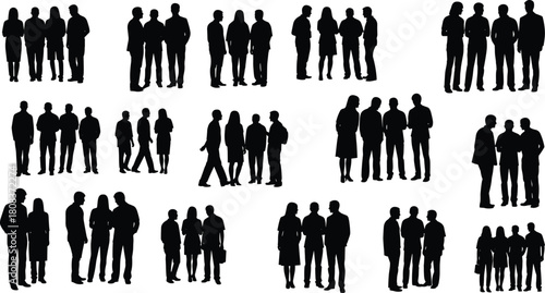 Group people silhouettes, social interaction, black vector, standing figures, communication poses, casual conversation, human connection, white background, isolated characters