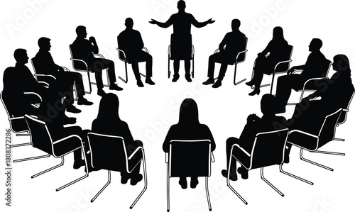 Group discussion silhouette, central speaker, team meeting, leadership concept, communication circle, seminar setting, collaborative environment, black and white scene