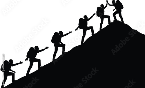 Hiking teamwork silhouettes, mountain climbers, helping hands, black vector, outdoor adventure, steep ascent, support pose, isolated figures, white background