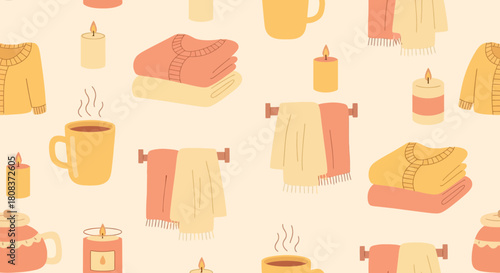 Cozy autumn seamless pattern with sweaters candles and warm drinks illustration