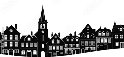 Village skyline silhouette, traditional architecture, church tower, gabled roof, black and white, townscape vector, European buildings, urban sketch, architectural outline, scenic town, silhouette