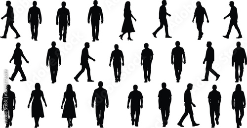 Walking people silhouettes, black human figures, diverse poses, motion study, pedestrian shapes, vector art, urban crowd, isolated characters, white background