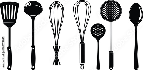 Kitchen utensils silhouette vector illustration, black and white cooking tools set with spatula, whisk, ladle, spoon, skimmer, culinary equipment for restaurant design