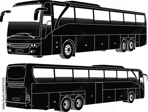 Modern luxury tour coach bus vector illustration, detailed black silhouette passenger transport vehicle, isolated travel and tourism design, professional transportation vector artwork