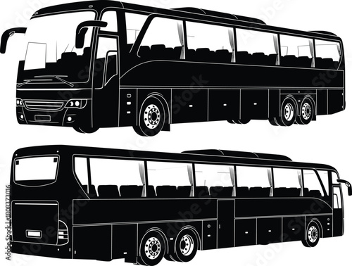 Modern luxury coach bus vector illustration, detailed black silhouette passenger transportation vehicle design, isolated travel and tourism concept, professional transport graphic artwork
