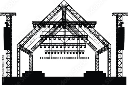 Modern outdoor concert stage truss with lighting system and sound speakers, vector illustration for music event, live performance, and festival background design