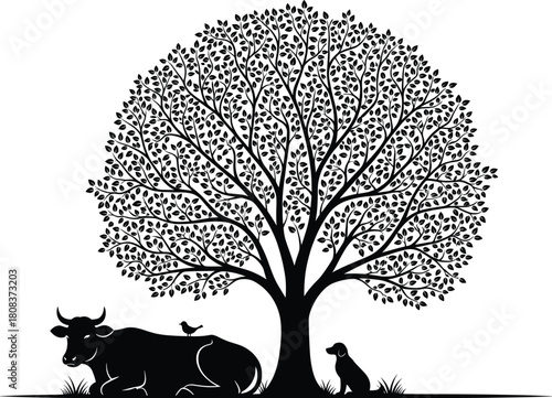 Peaceful nature scene vector illustration, cow resting under tree with dog and bird, black silhouette artwork representing countryside harmony, simplicity, and calm life