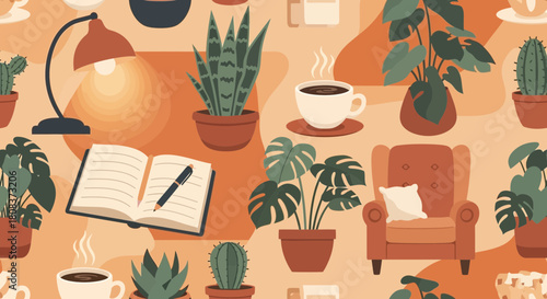 Cozy home office illustration with plants coffee and a reading lamp for relaxation