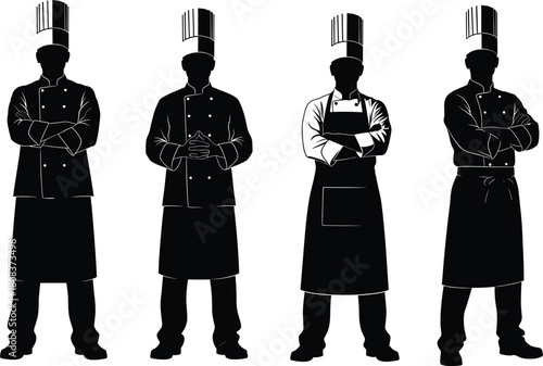 Professional chef team silhouette illustration, culinary experts wearing uniform and hat, restaurant kitchen staff vector art, cooking teamwork concept, black and white design