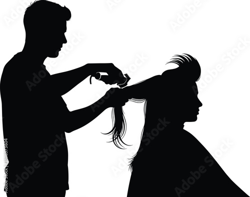Professional hairstylist cutting woman hair in beauty salon, vector illustration, barber using scissors and comb, female client receiving modern haircut and styling service
