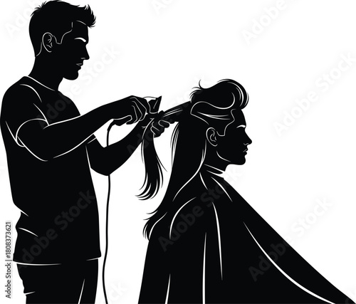 Professional hairstylist cutting woman hair in beauty salon, vector illustration, modern hairdresser at work, female client getting stylish haircut and grooming service