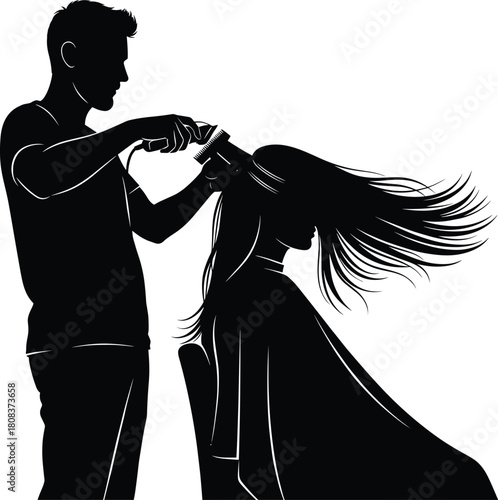 Professional hairstylist cutting woman hair silhouette, hairdresser at salon vector illustration, beauty salon service, hairstyling concept, barber working with female client