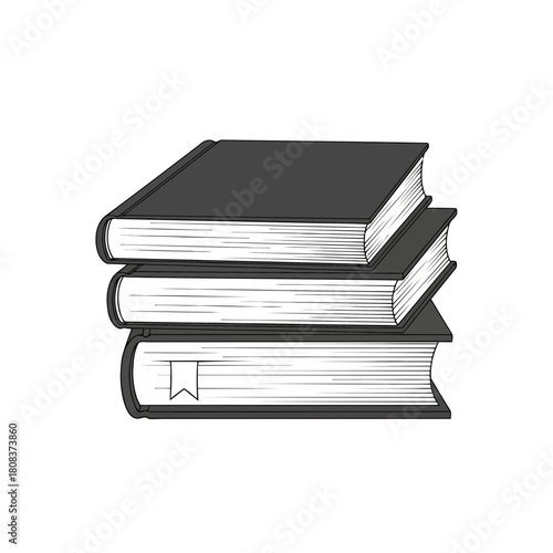 Stack of three hardcover books with a bookmark in the bottom one, simple sketch isolated on