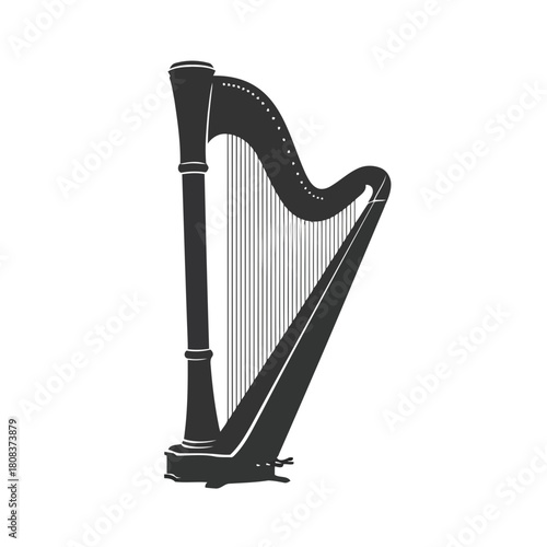 Classical musical instrument harp silhouette, stringed instrument design isolated on