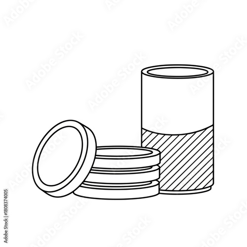 Outline drawing of stacked coin collection next to a tall cylindrical container representing savings or financial accumulation, isolated on
