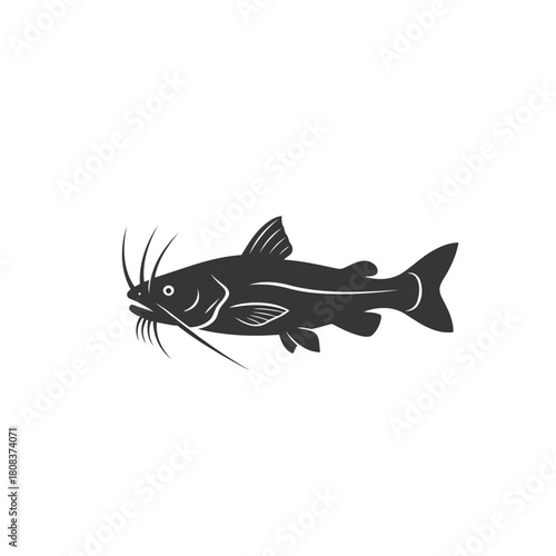 Black and white silhouette icon of a catfish with prominent barbels, representing freshwater fish, isolated on