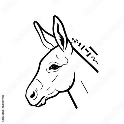 Black and white line art illustration of a donkey head in profile, showing its long ears and expressive eye, isolated on