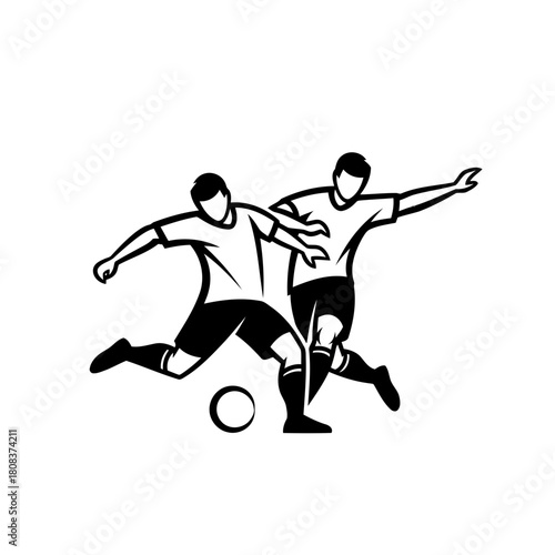 Black and white silhouette icon of two soccer player fighting for the ball during a match, isolated on