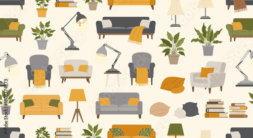 Seamless pattern featuring sofas armchairs lamps and plants for interior design use