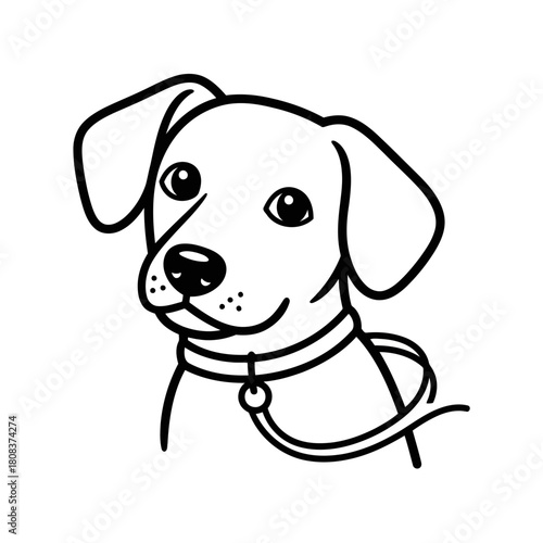 Cute black and white line art illustration of a happy dog head with floppy ear wearing a collar and leash, isolated on