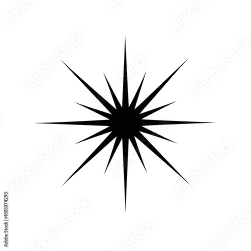 Sharp black silhouette of a multipointed starburst or explosion shape radiating outward isolated on