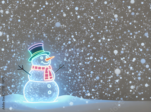 Neon blue snowman glowing at night during winter snowfall