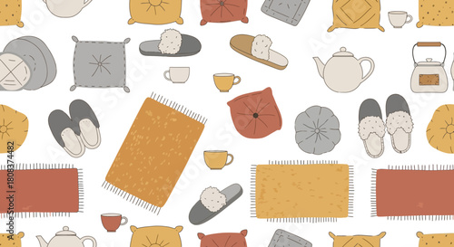 Cozy home pattern featuring pillows rugs slippers and teacups for a warm interior design