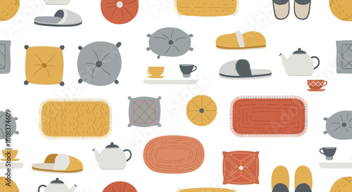 Cozy home pattern featuring slippers pillows rugs and teapots on a white background