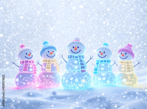 Colorful neon snowman family standing together in winter snow