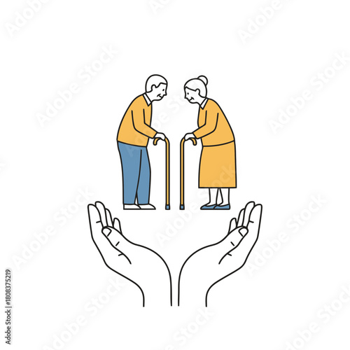 Line art illustration of elderly couple with cane supported by cupped hand symbolizing senior care and protection isolated on