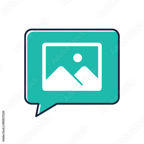 Teal speech bubble icon with white mountain and sun graphic inside representing image message or photo sharing isolated on