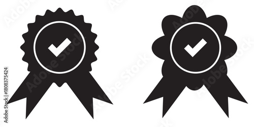 Set approval check icon isolated, approved or verified medal icon. certified badge symbol, quality sign – stock vector. Tick mark badge Icon. Black & white color mixed