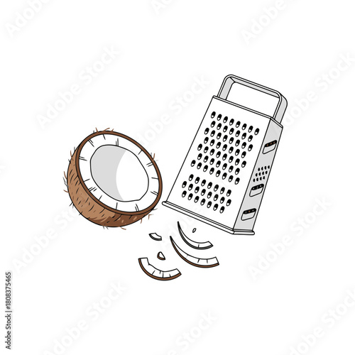 Hand drawn illustration of a coconut half next to a metal grater with shredded coconut pieces isolated on