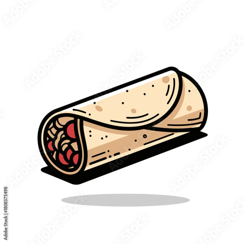 Close up drawing of a rolled flour tortilla filled with ingredients like beans and meat, a delicious burrito, isolated on