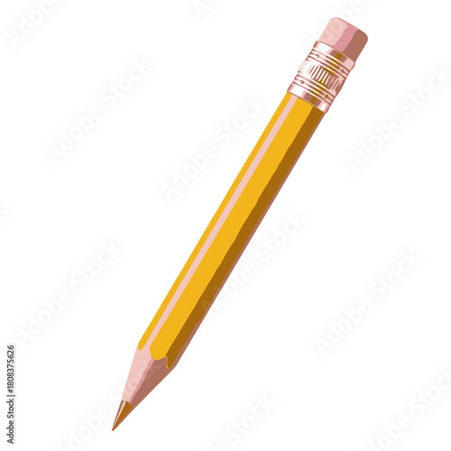 Simple illustration of a yellow wooden pencil with pink eraser and sharpened tip, isolated on