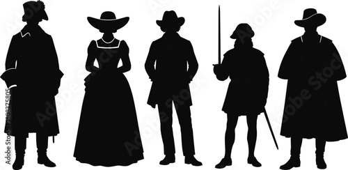 Historical period silhouettes, diverse men and women in vintage 17th, 18th, 19th-century colonial costumes, full-length portraits, dramatic black and white.