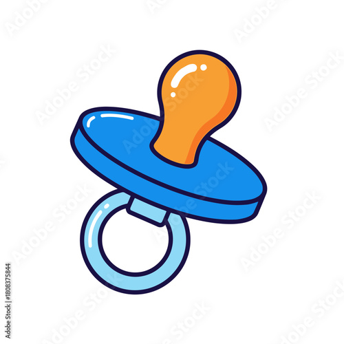 Cute blue baby pacifier with orange nipple and ring handle, isolated on
