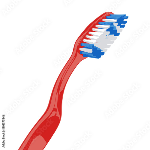 Close up of a red toothbrush head with blue and white bristles, isolated on