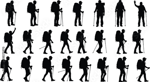 Trekking hikers and mountain climbers silhouette set, diverse male travelers walking with large backpacks and poles,